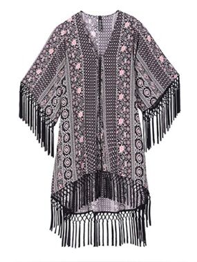 Design Lab Lord & Taylor Boho Fringe Longline Kimono Cardigan Black Pink Small